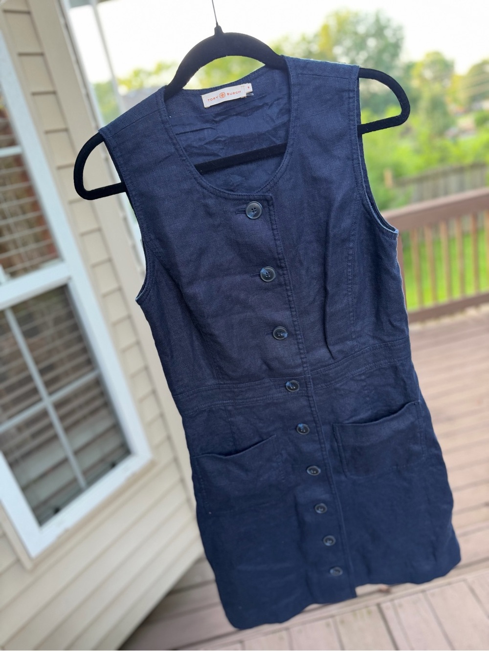 Tory Burch - Linen Sleeveless Button-Front Navy Dress